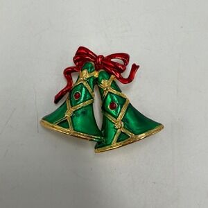 SFJ Vintage Christmas Bells Brooch Green Enamel Red Bow Gold Tone Holiday Pin